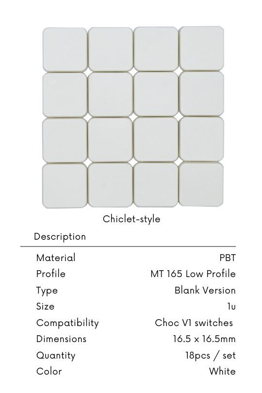 TH MT 165  (Tai-Hao MT 165 ) Low Profile Keycaps (Blank) -  PBT White 18PCS (Includes 16 keycaps + 2 bonus keys)