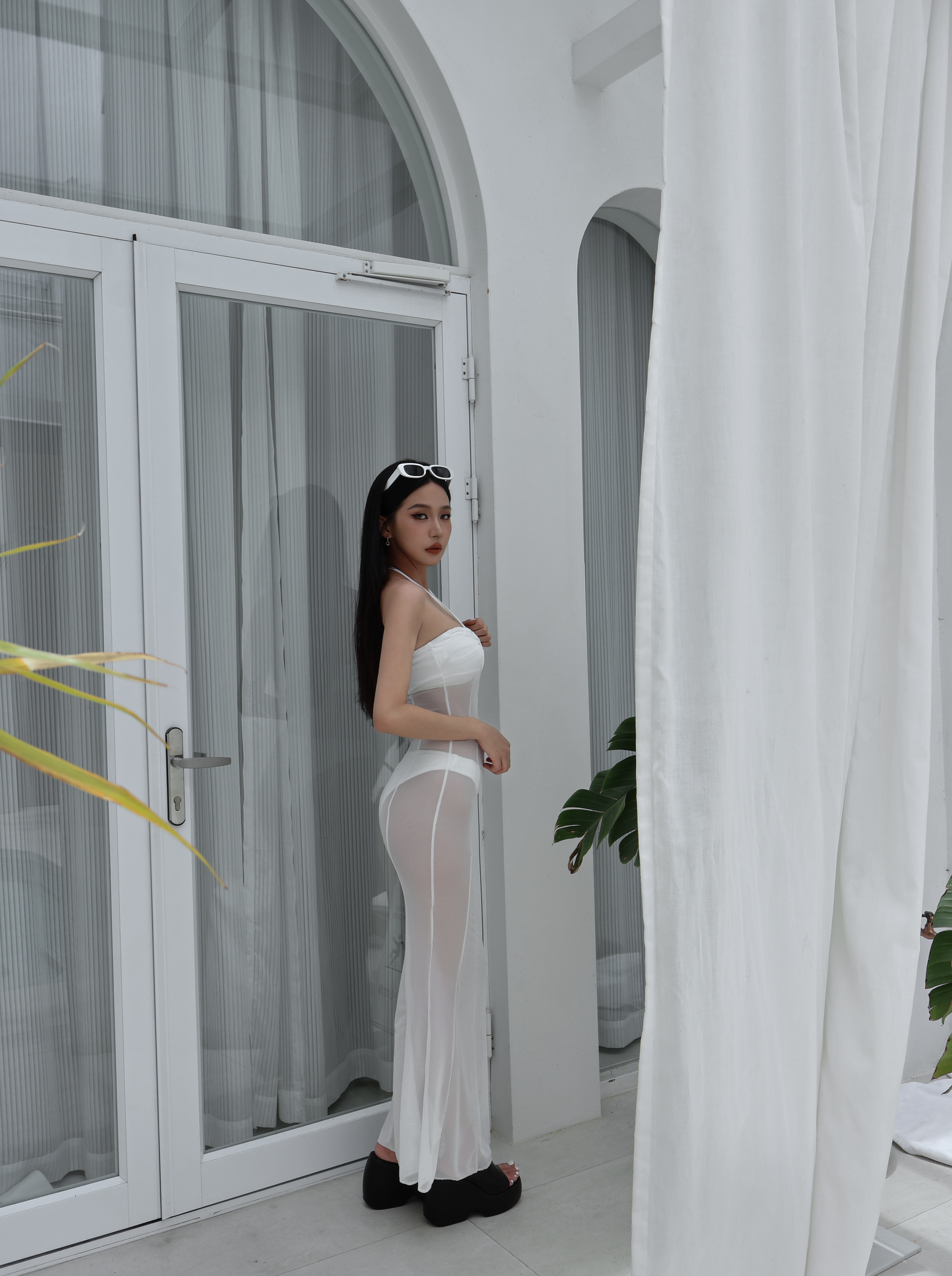 透視網紗連身長洋