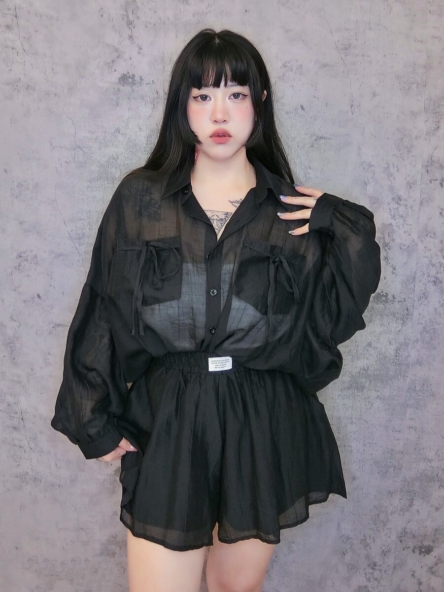 韓系蝴蝶結綁帶外罩+標籤短褲套裝