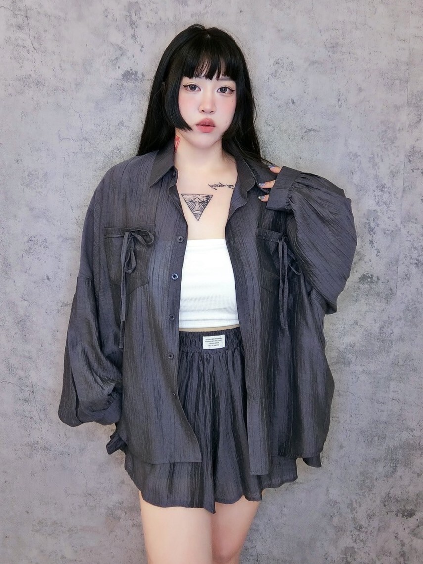 韓系蝴蝶結綁帶外罩+標籤短褲套裝