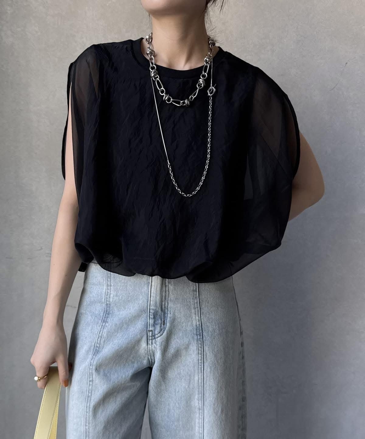 DOUDOU(ドゥドゥ)  【WEB限定】オーガンジーレイヤードバルーントップス黑（DDZ1051204A0004）