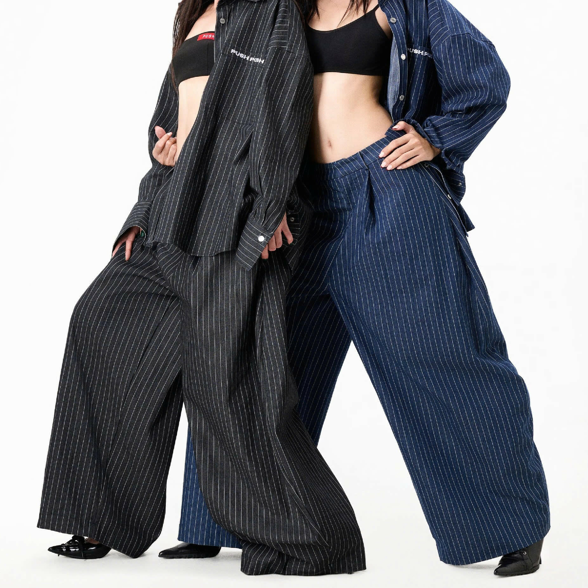 PUSH PUSH PP Stripes Pants 水洗牛仔 條紋 闊腿長褲