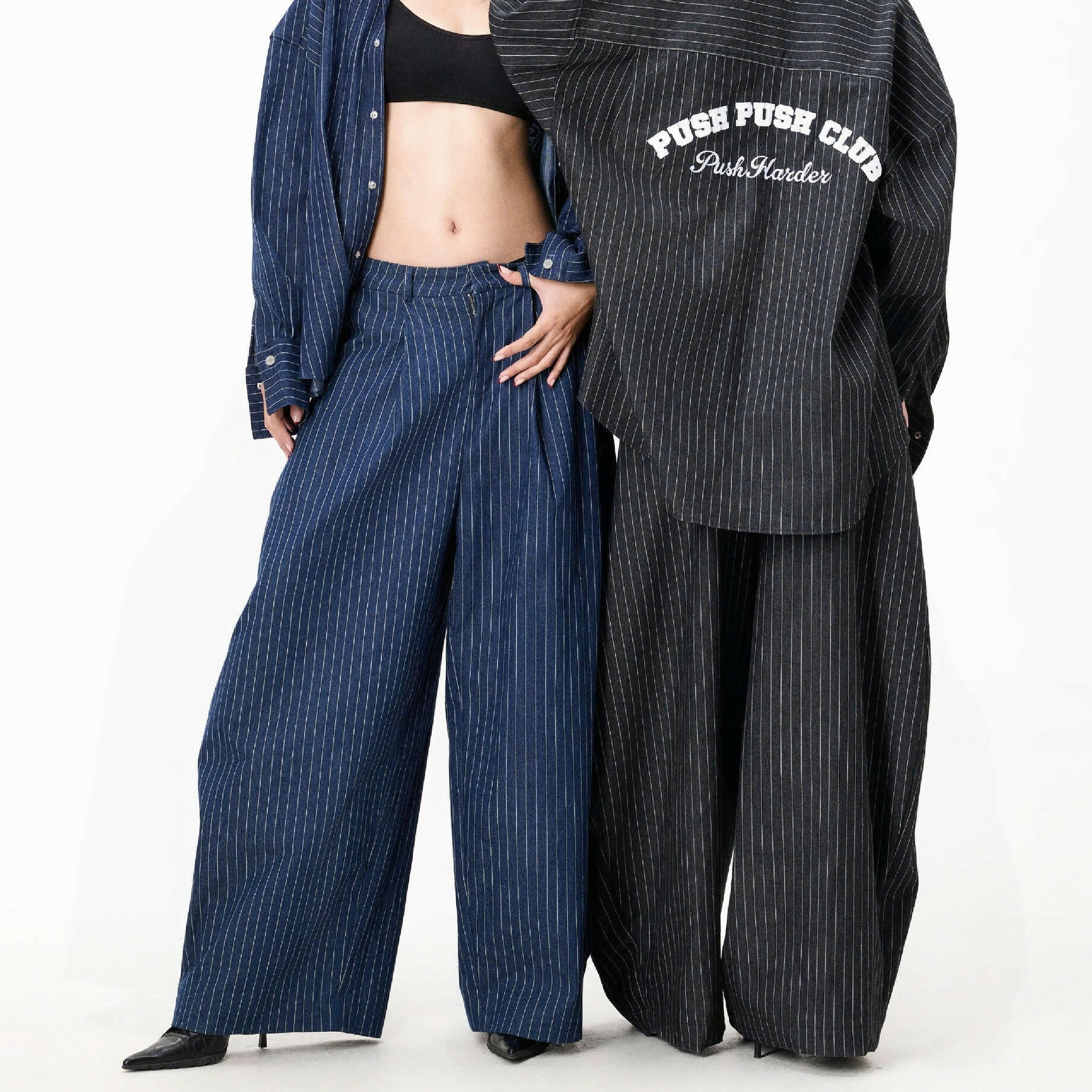 PUSH PUSH PP Stripes Pants 水洗牛仔 條紋 闊腿長褲