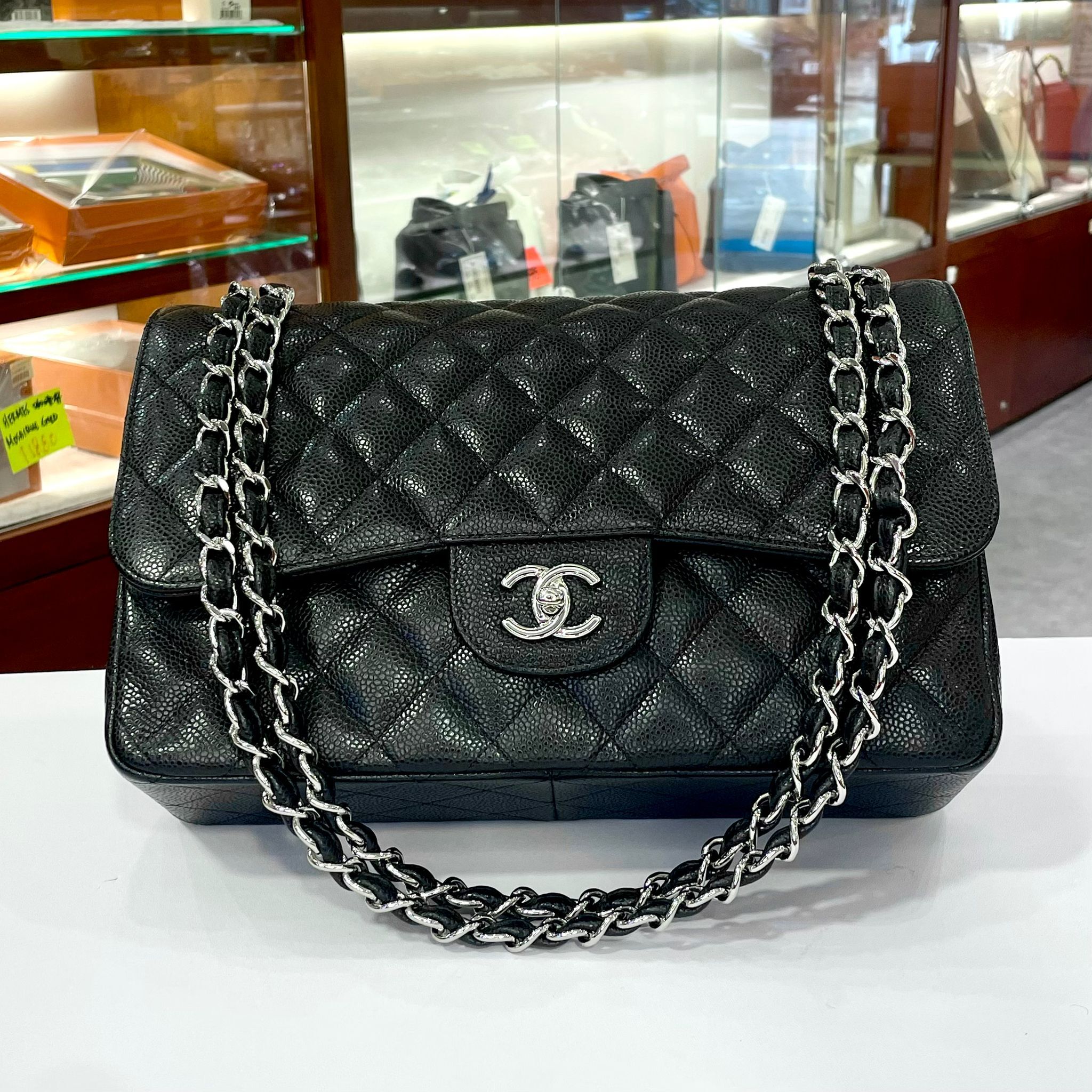 99%NEW二手CHANEL CF30 A58600 黑色菱格荔枝皮/銀扣 CHANEL CLASSIC FLAP JAMBO #香榭站正品