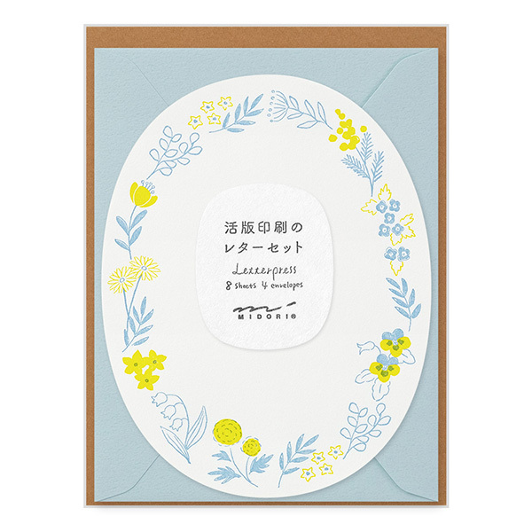 活版印刷 造型 信紙組 花圈藍｜MIDORI 日本