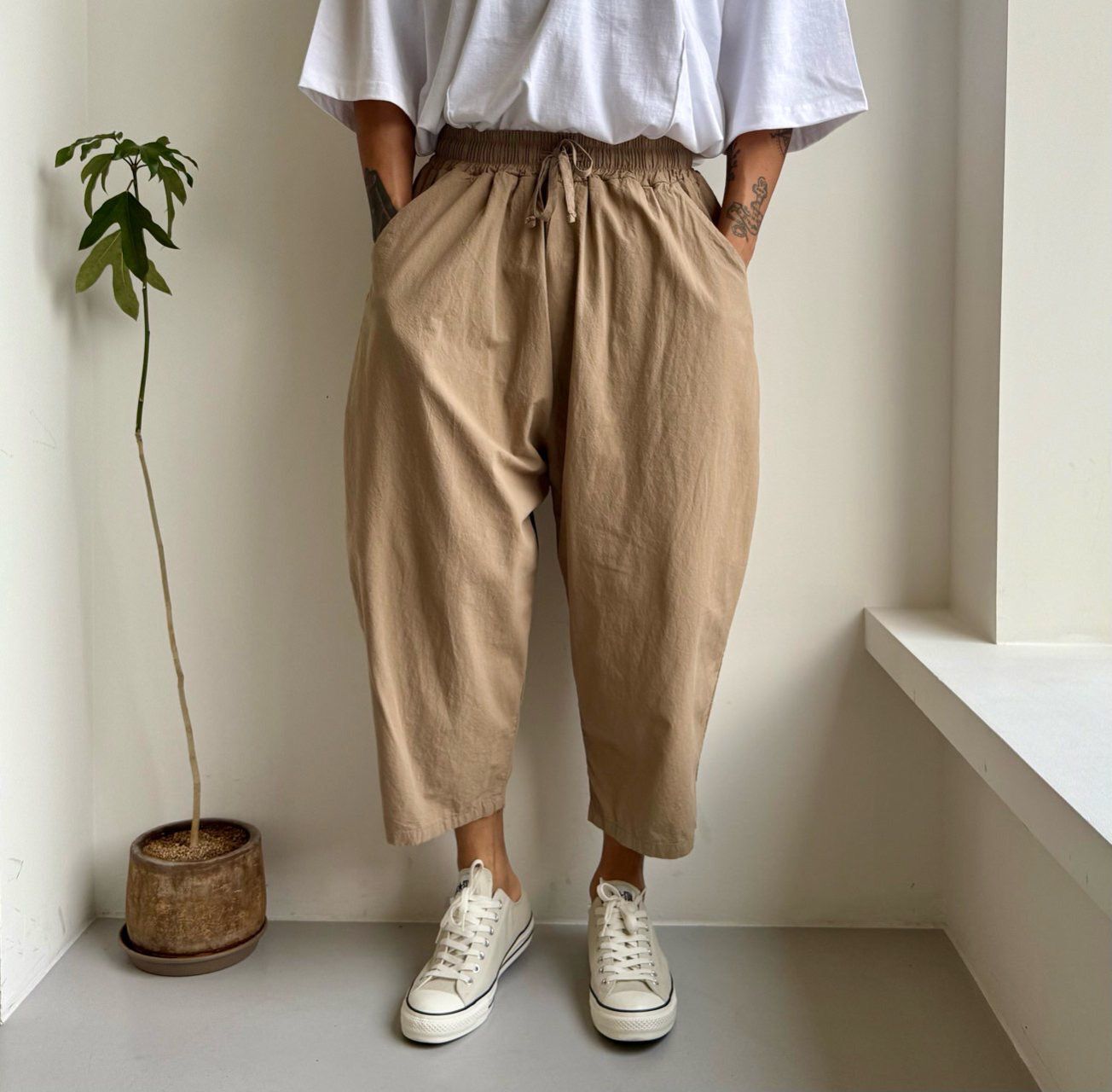 淨色薄洗水麻棉質地鬆身褲 PEACOCK-140P