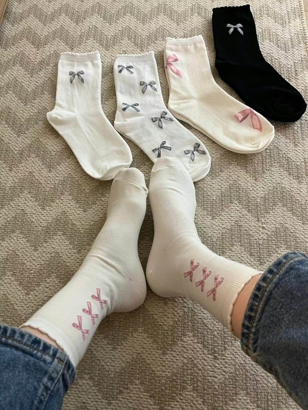 CT4483 蝴蝶結印花長款女裝襪 (任選5對$75 / 任選10對$138)