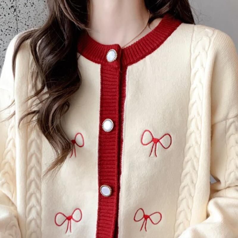Japanese Style Cable Knit Cardigan with Bow Embroidery