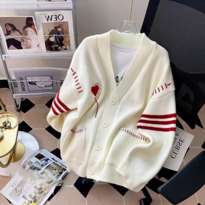 Japanese Style Striped Knit Cardigan with Drawstring & Hearts