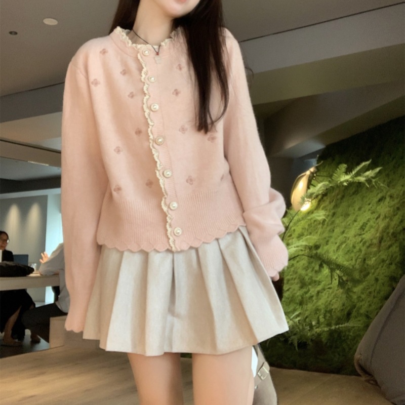 Korean Style Knit Cardigan with Floral Embroidery & Lace Trim