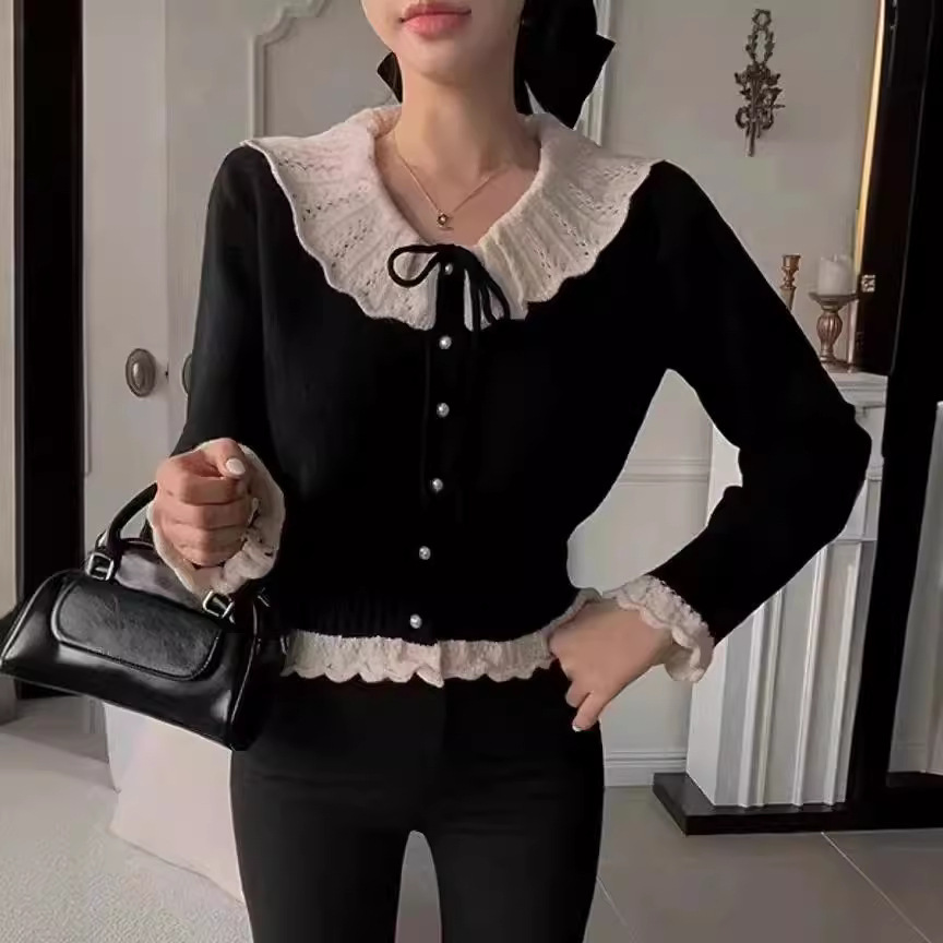 Korean Style Fuzzy Knit Top with Peter Pan Collar