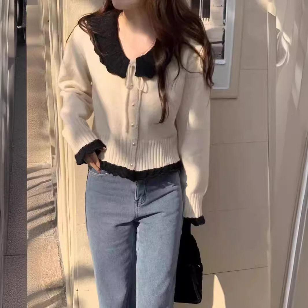 Korean Style Fuzzy Knit Top with Peter Pan Collar