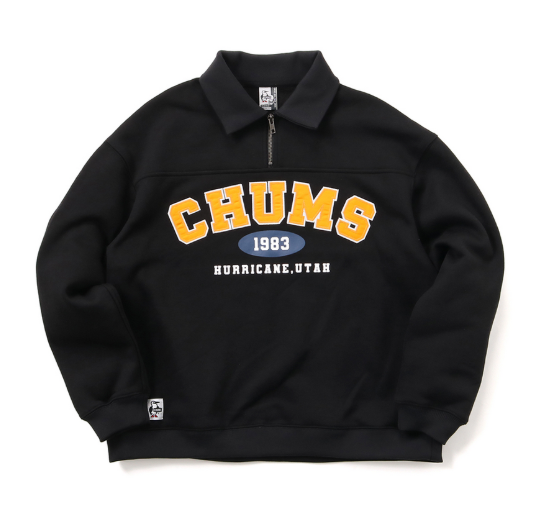 CHUMS Men’s Myton College Half-Zip Sweatshirt – Black | Retro Pullover Crew, Casual Streetwear (JUN25)