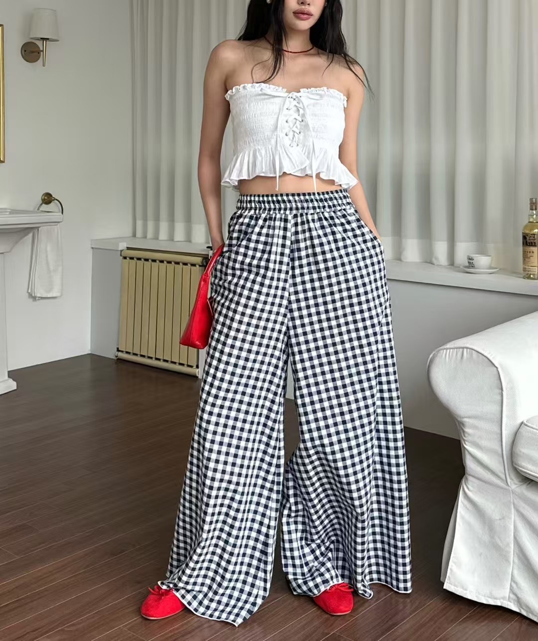 格子寬管長褲