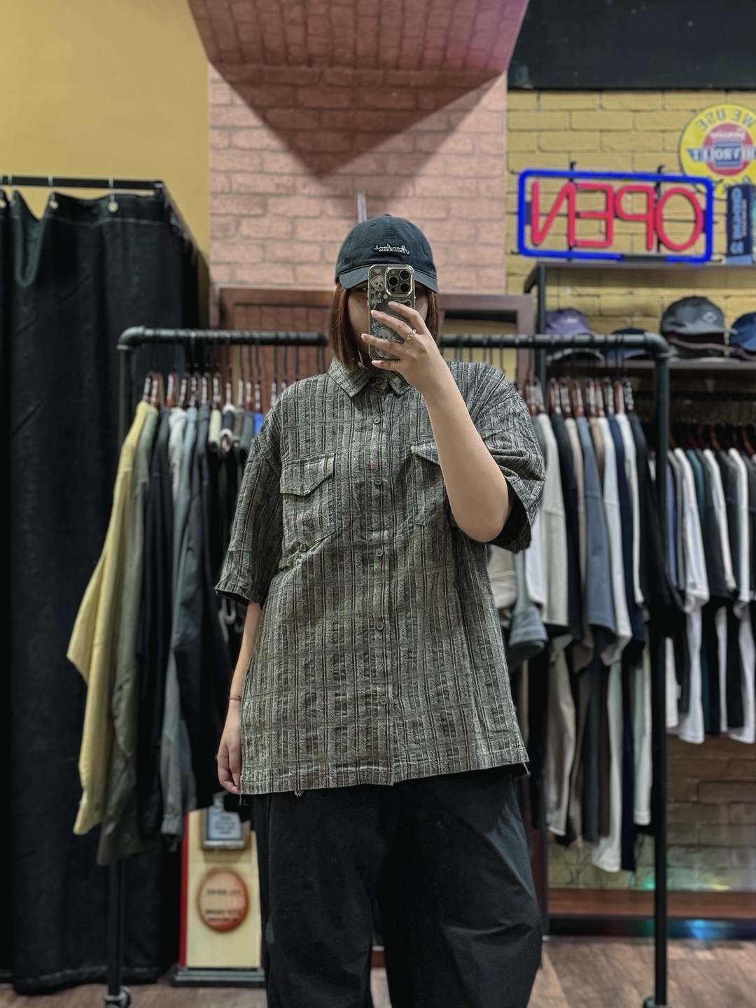 復古格紋壓線工裝襯衫