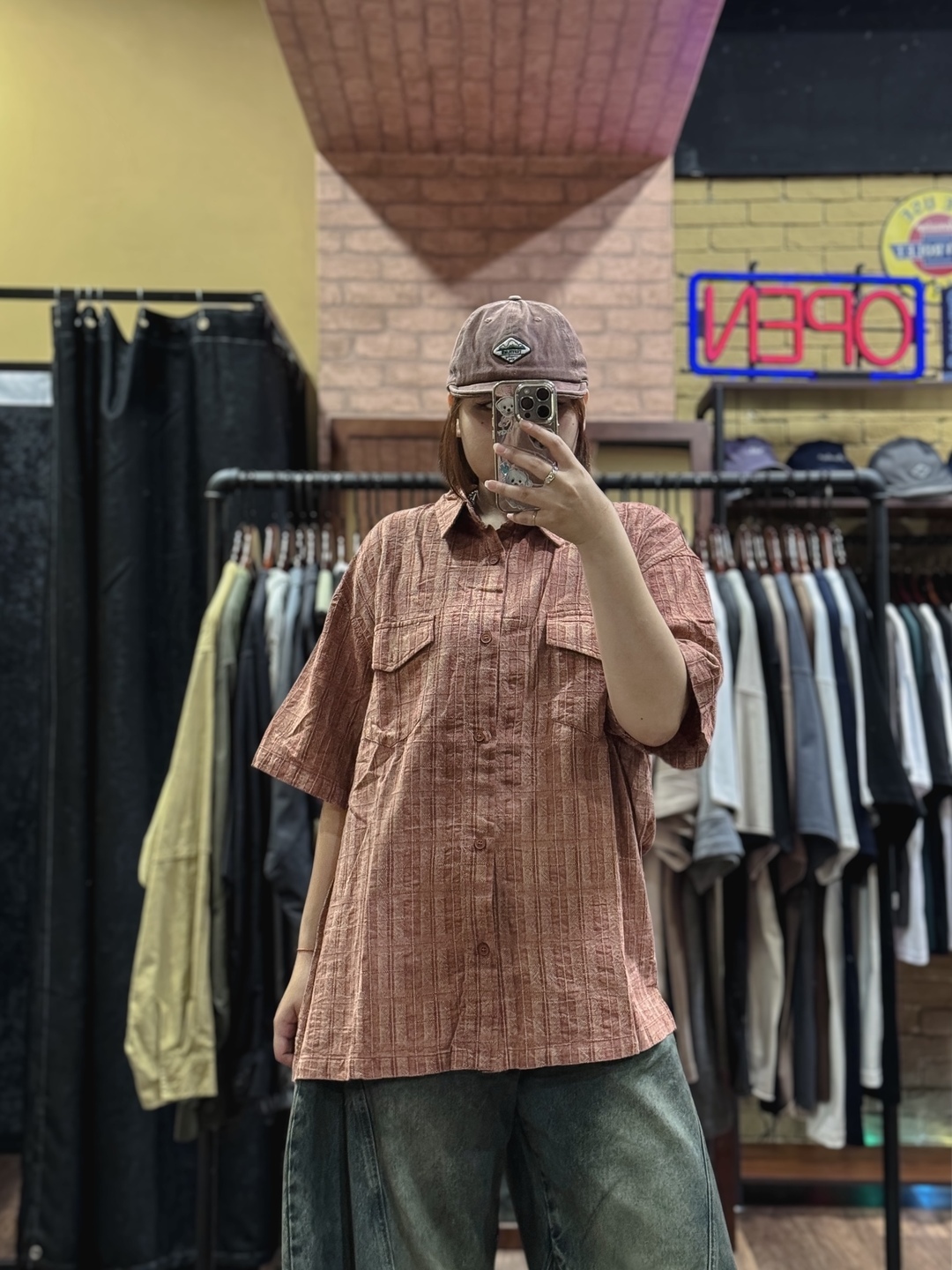 復古格紋壓線工裝襯衫