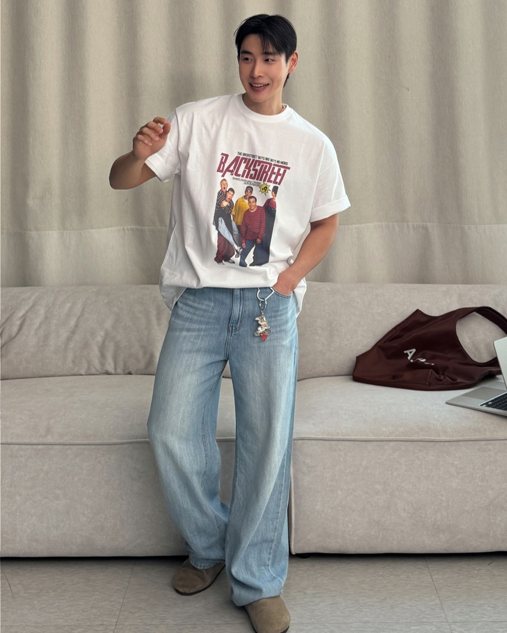 亞麻寬版牛仔褲