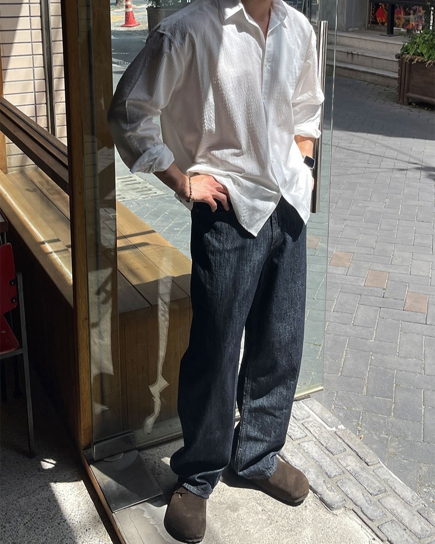 亞麻寬版牛仔褲