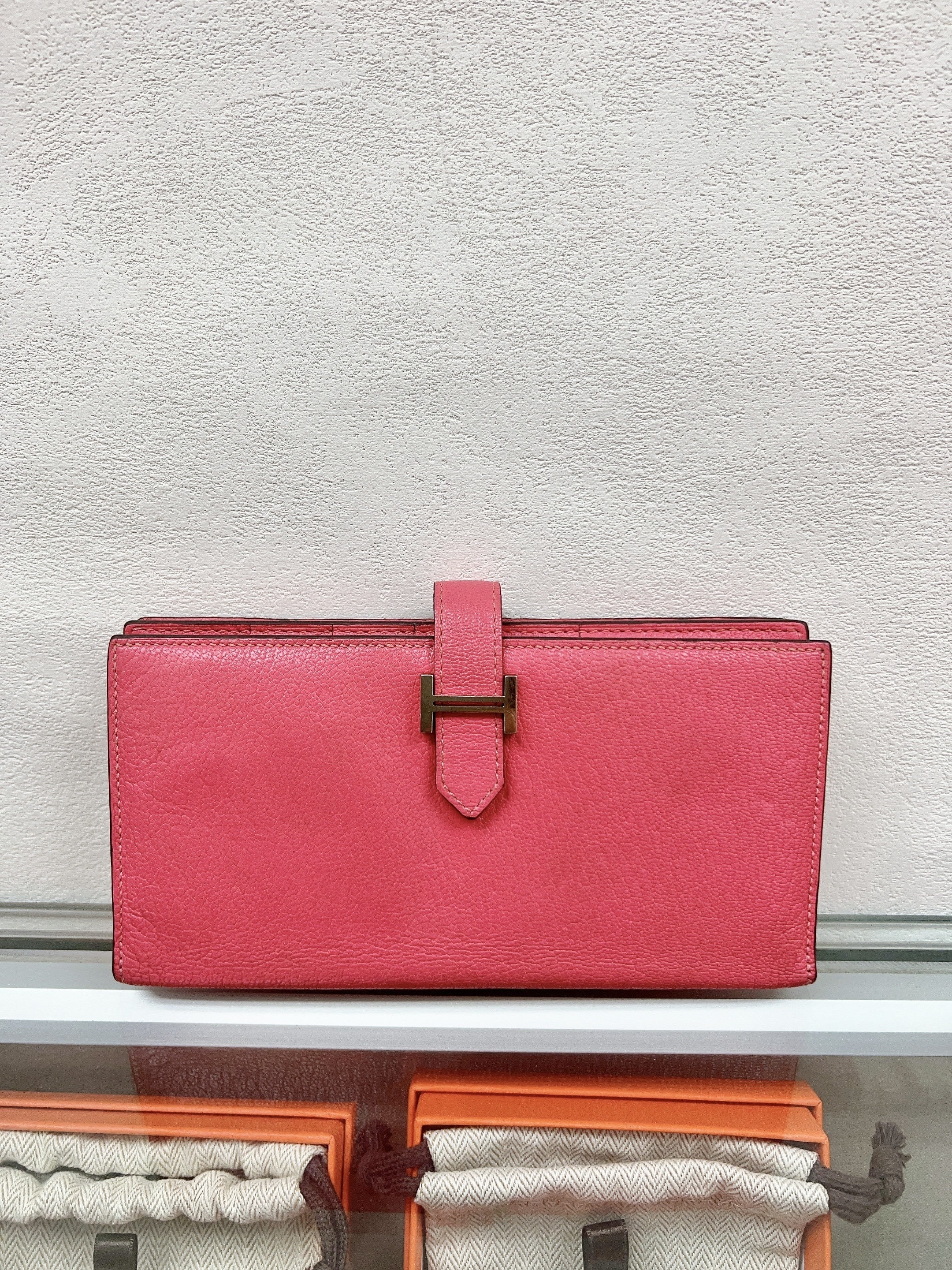 Hermes bearn long wallet (pink/stamp X)
