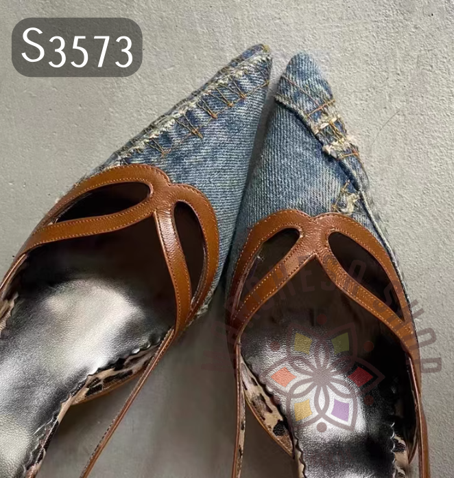 S3573 - 頭層羊皮牛仔包布中空尖頭高踭鞋