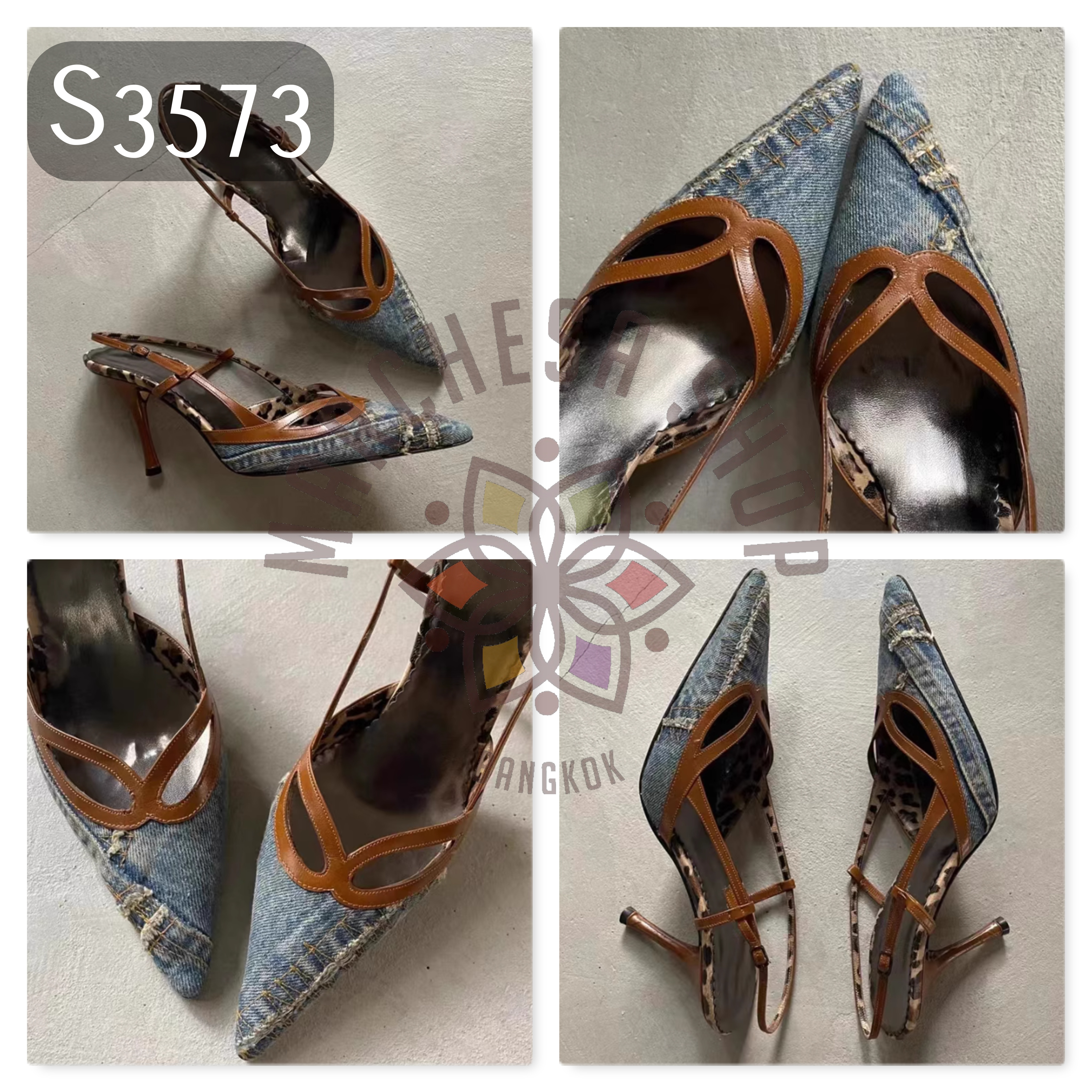 S3573 - 頭層羊皮牛仔包布中空尖頭高踭鞋