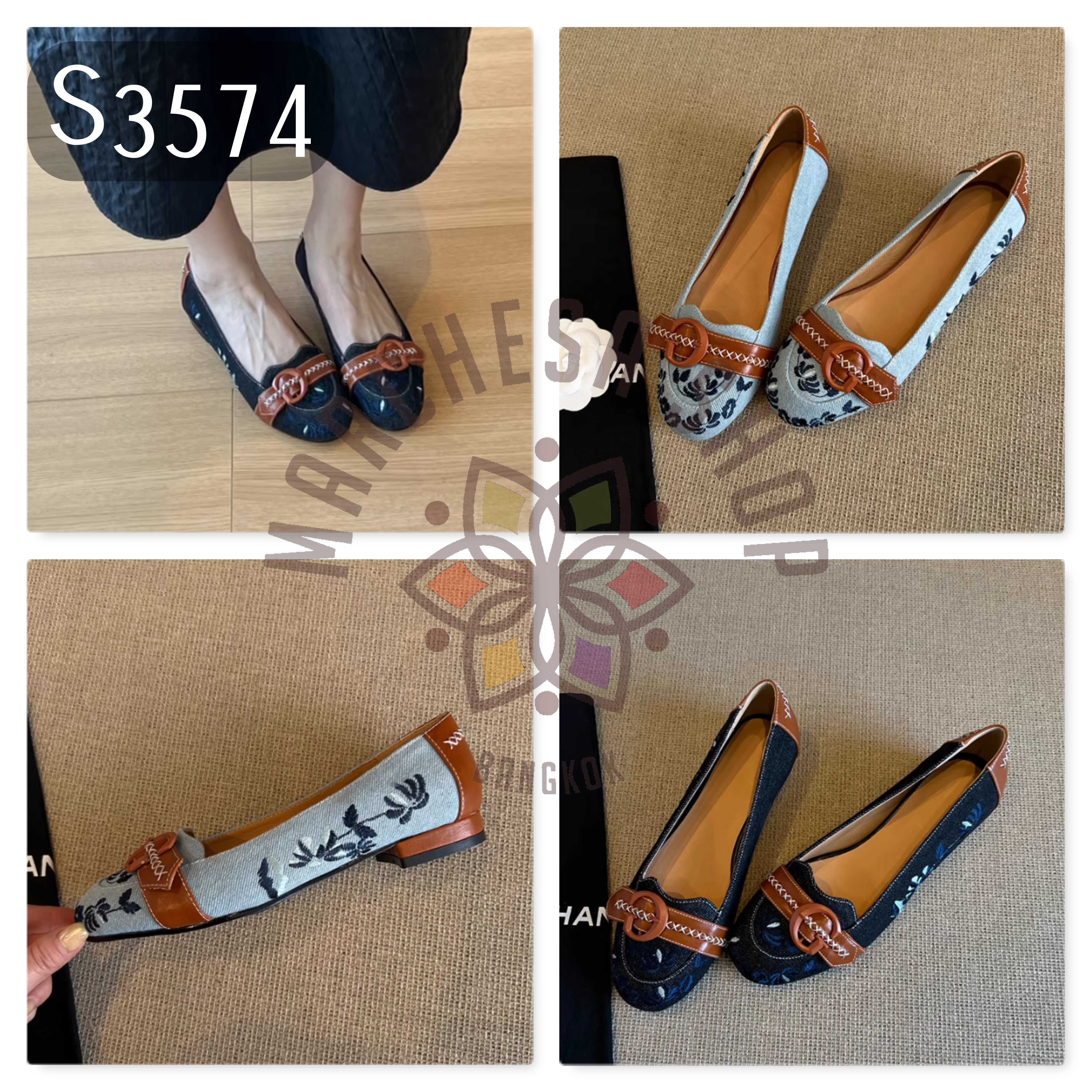 S3574 - 頭層羊皮牛仔包布刺繡圓頭平底鞋