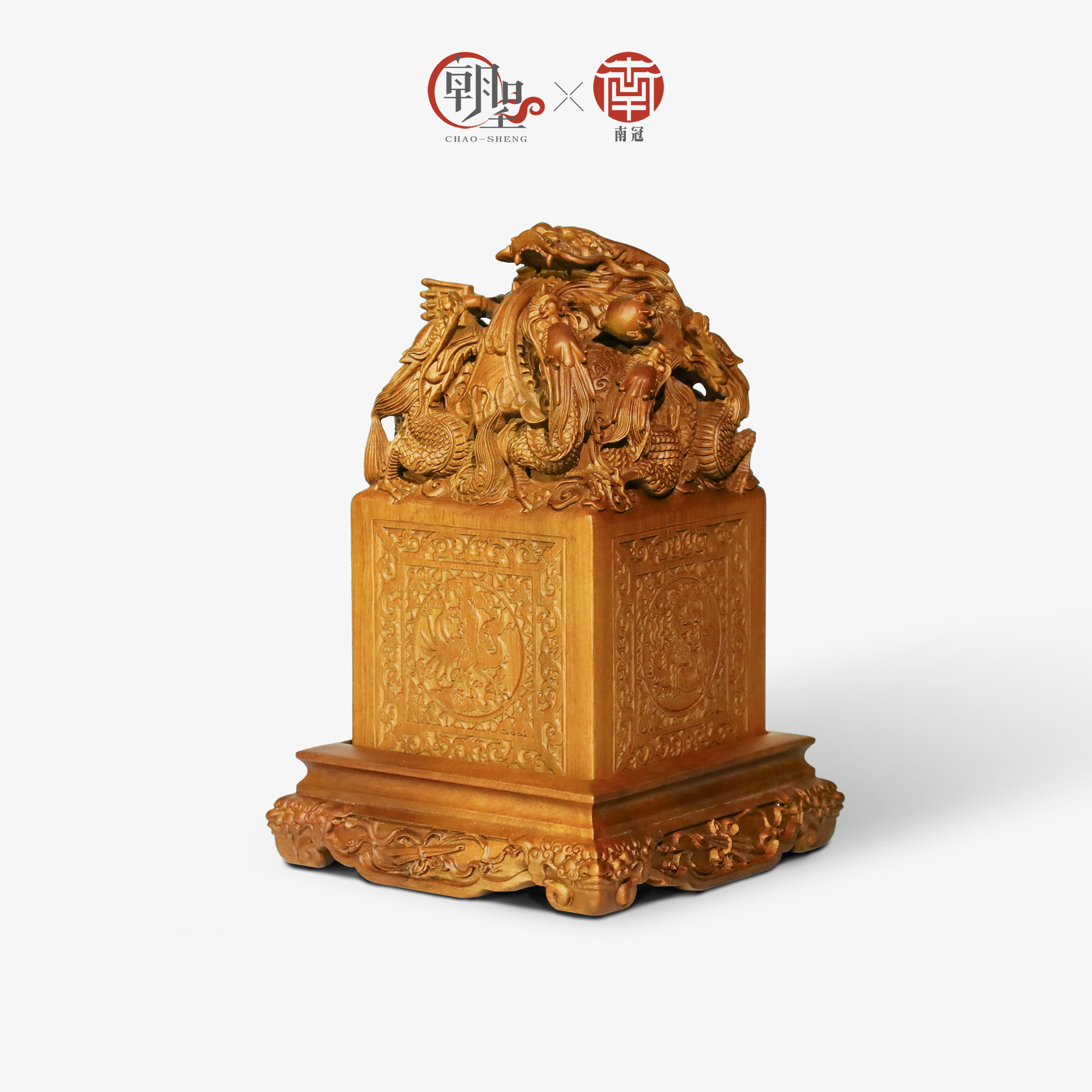 【傑作・美品】呉輝作「大九龍神」細密雲龍文透 彫刻 九頭龍 九龍印-精雕梢楠-四大神獸