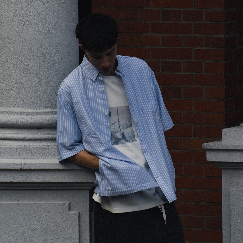 idealism Stripe Shirt 藍色 條紋短袖襯衫【ID25024-BL】