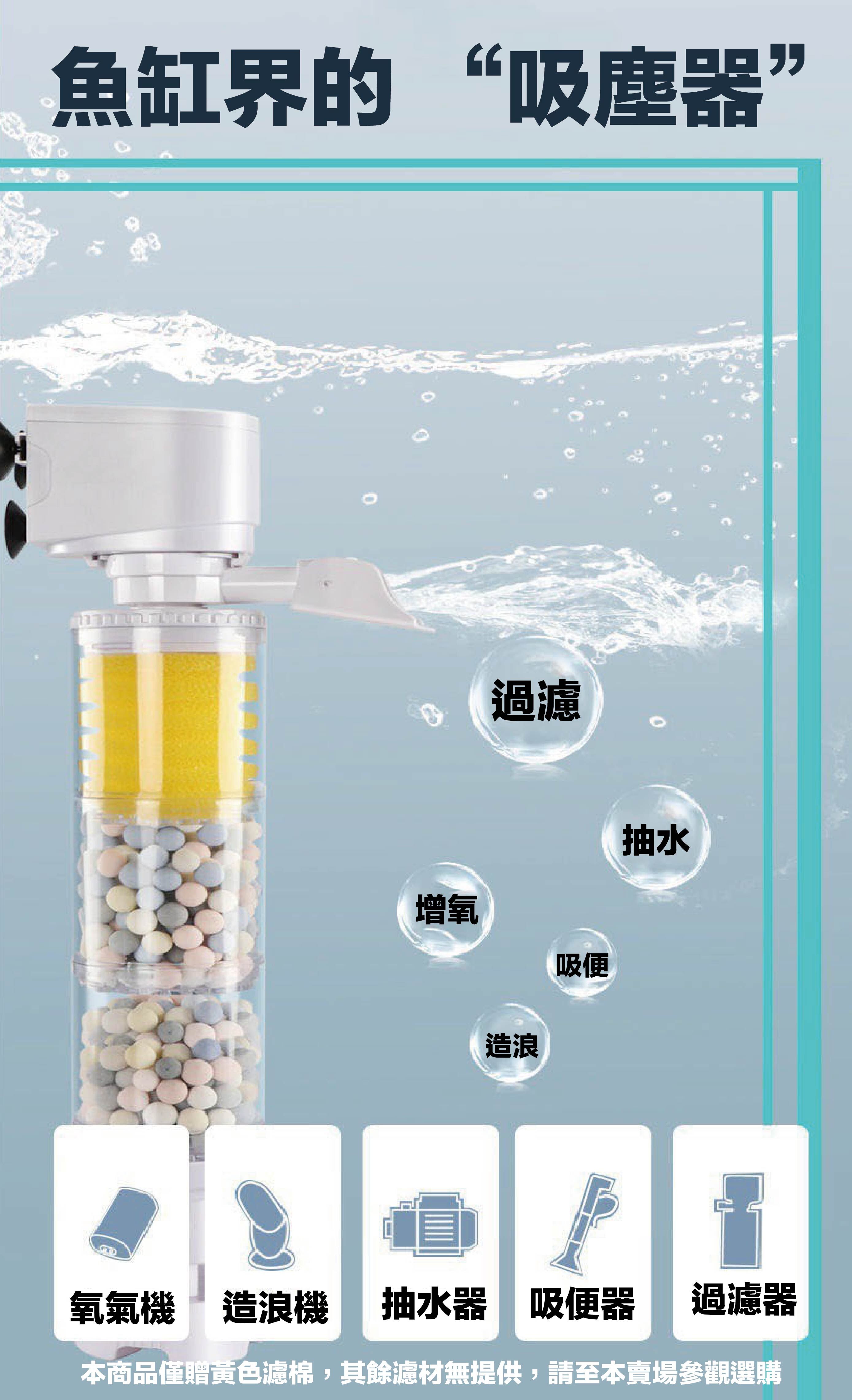款革命性的多功能過濾馬達，集過濾、造浪、抽水、培菌、增氧、吸便於一身