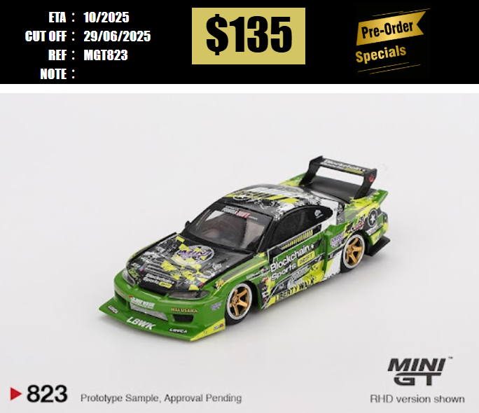 PO-$135 * MINI GT * 1:64 #823 Nissan LB-Super Silhouette S15 SILVIA #555 V2  2024 Formula Drift Japan RHD [OD16/06]