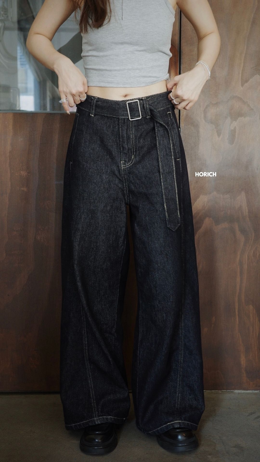 𝗝𝘂𝗻.𝟭𝟲 /Z5282-深藍丹寧附腰帶牛仔寬褲SML