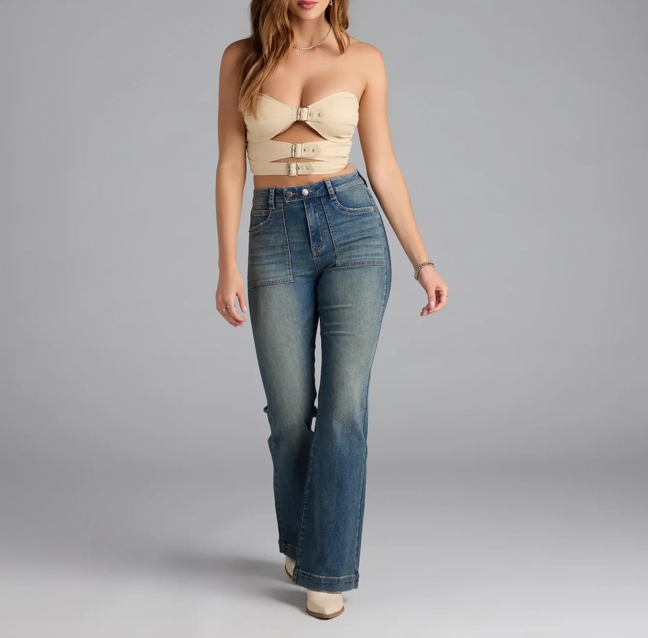 Beige燕麥米色腰帶飾Cutout短上衣