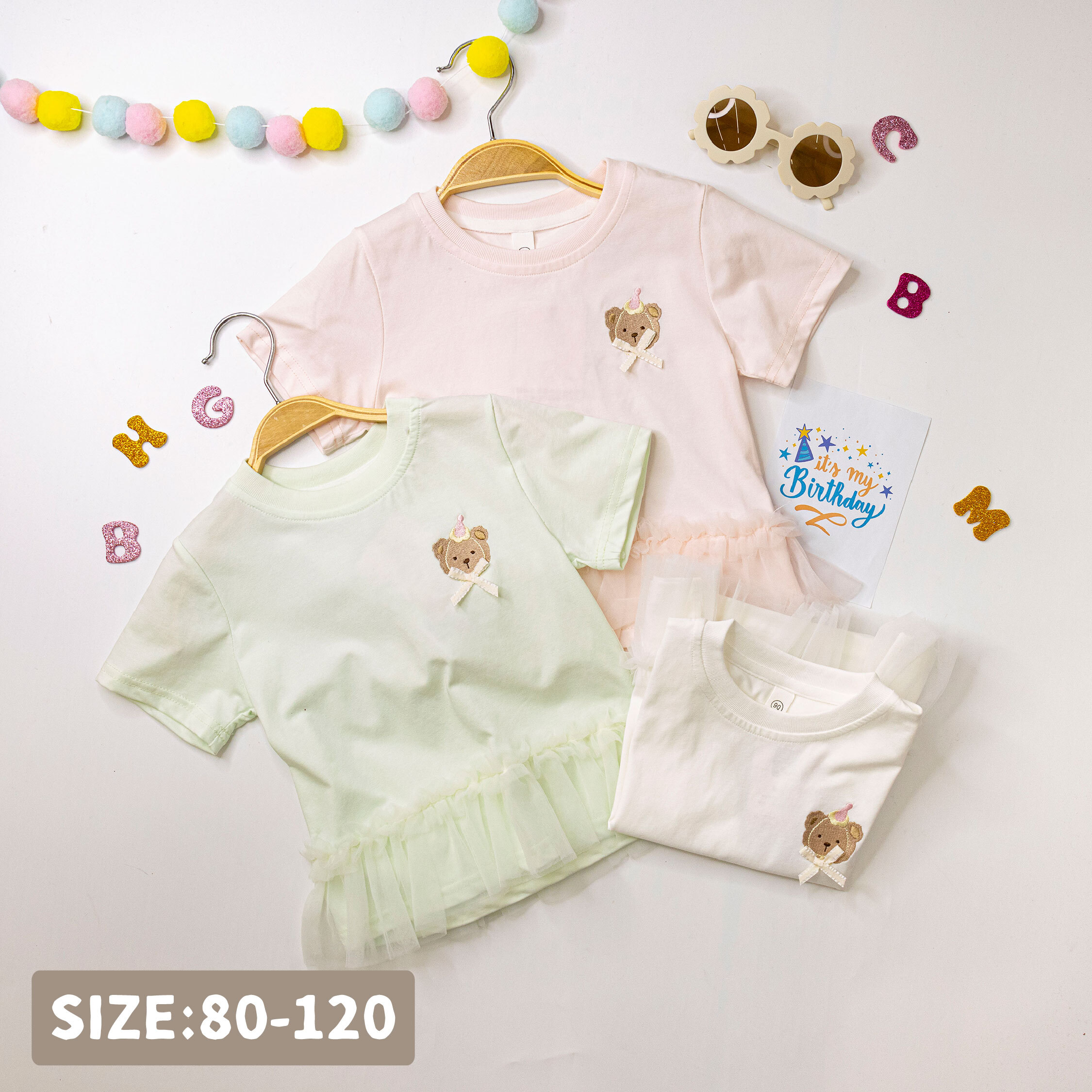 【H50512】可愛小熊刺繡網紗拼接上衣/短T＊二色