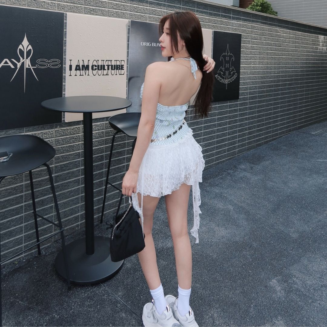 【白色蕾絲裙】DOMISS綁帶層次蕾絲短裙 裙子女生(現貨)