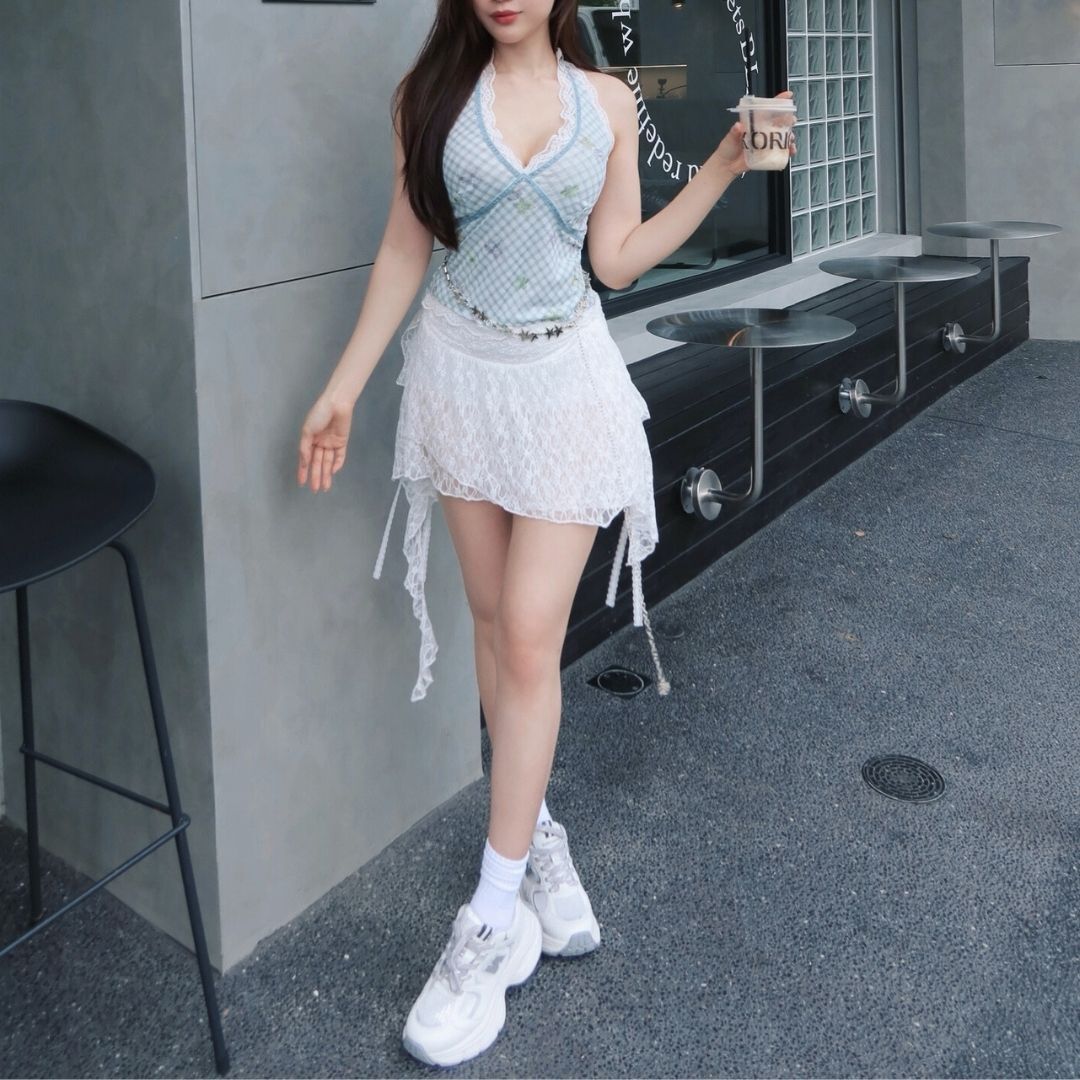 【白色蕾絲裙】DOMISS綁帶層次蕾絲短裙 裙子女生(現貨)