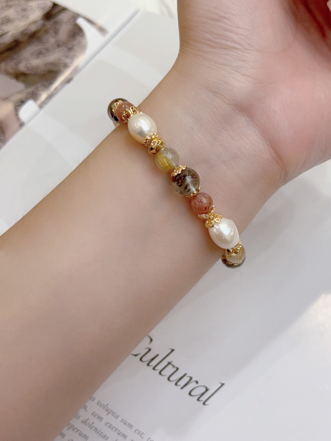 天然珍珠/太陽石/鈦晶/綠幽靈水晶手鍊