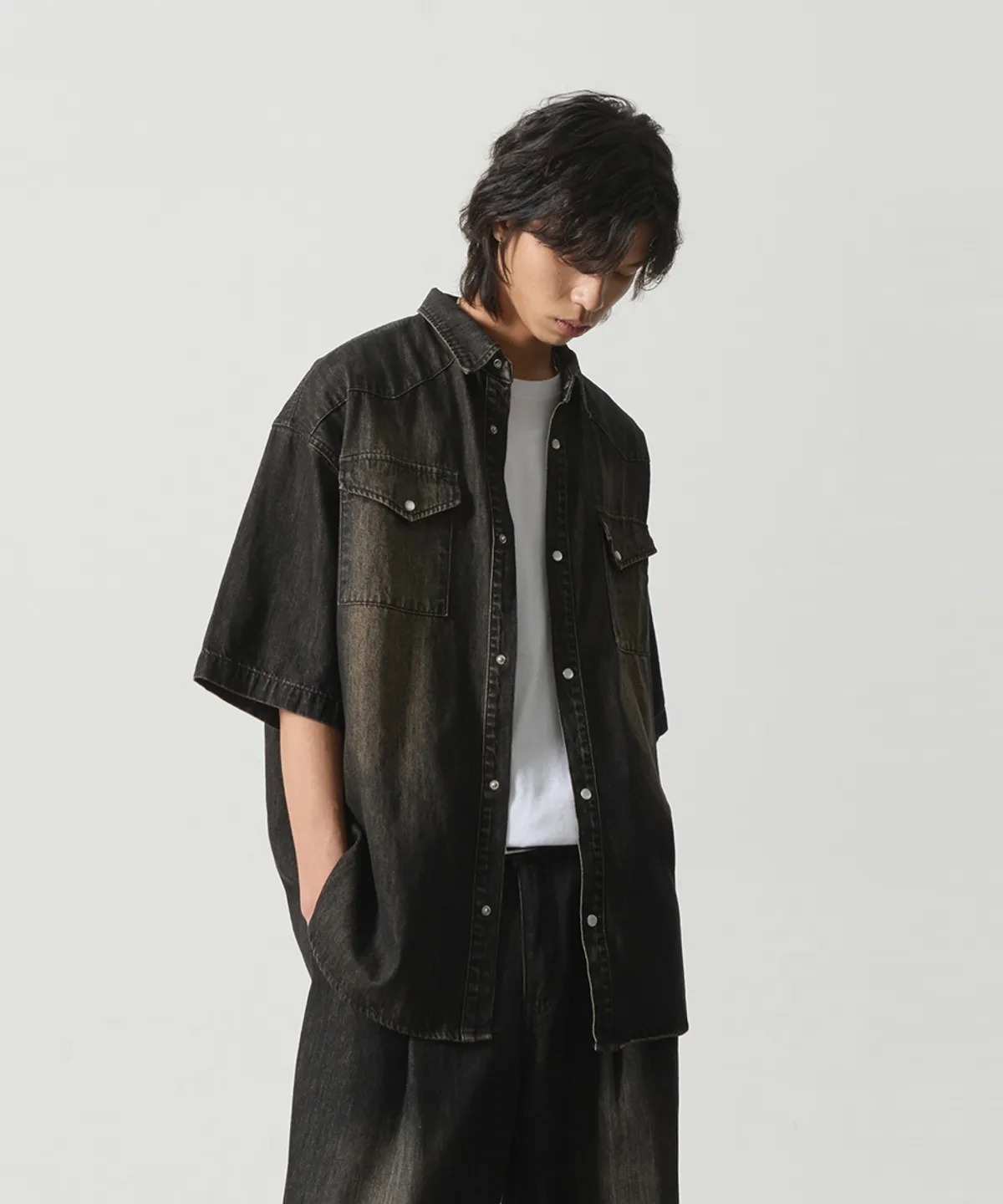 DIMITRI BLACK BIO WASHING WESTERN DENIM HALF SHIRT