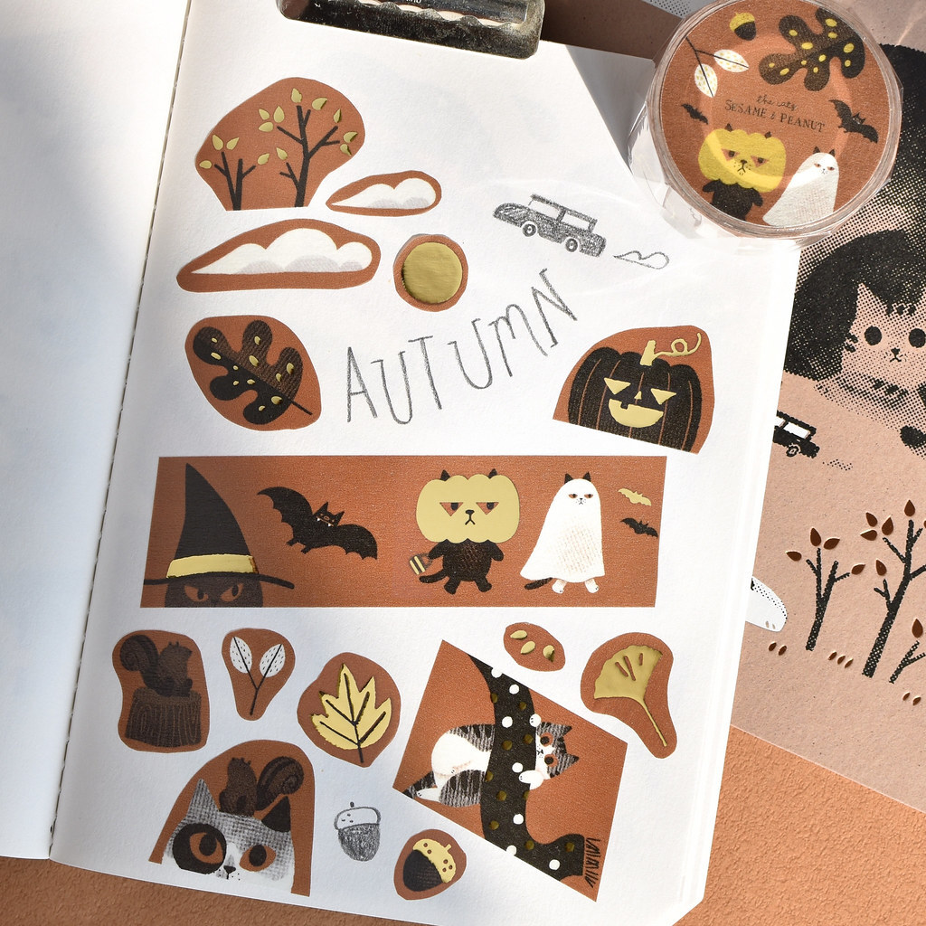 大芝麻小花生．到處都是貓的秋天/冬天 燙金日本和紙膠帶 整捲