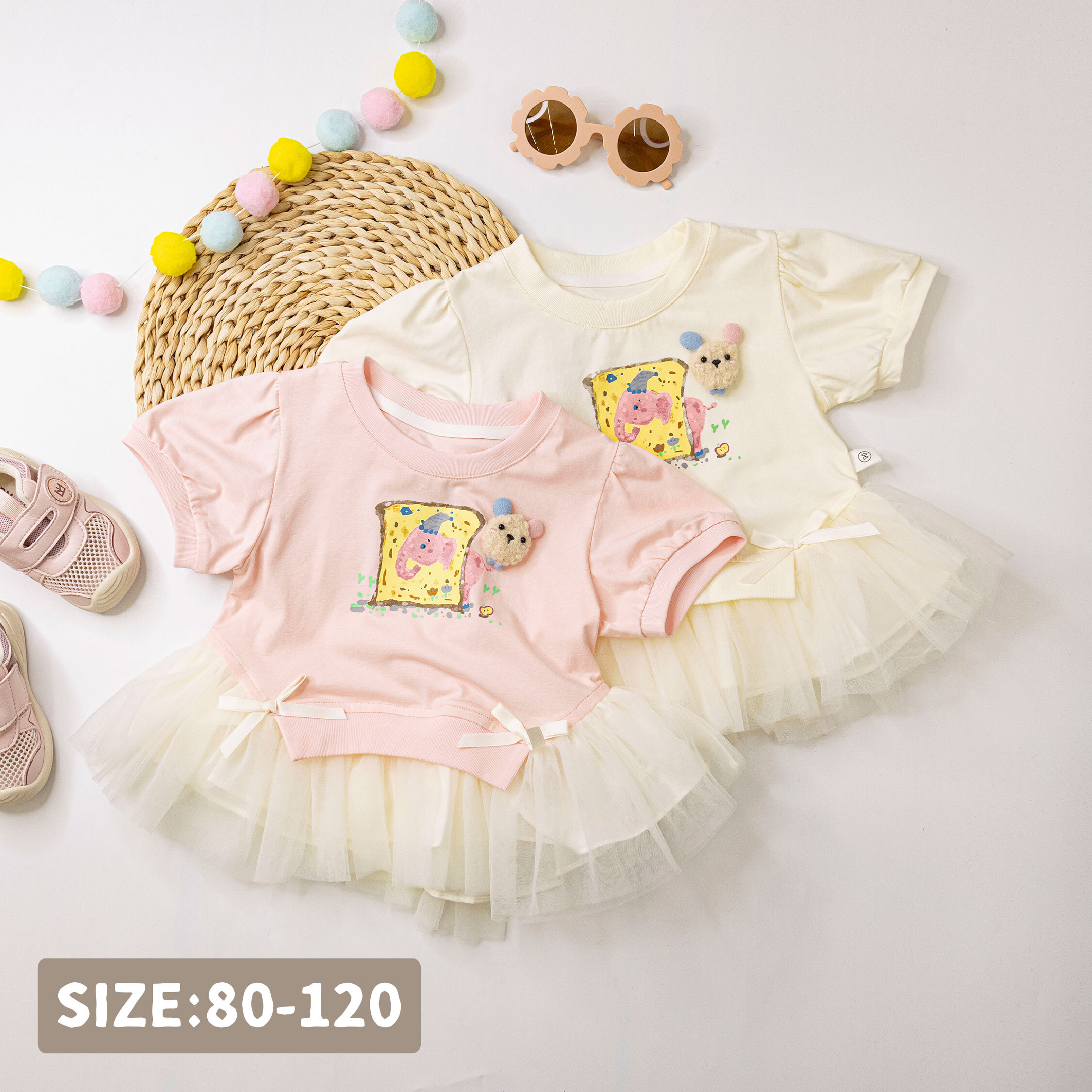 【H50510】立體小熊藝術大象網紗拼接上衣＊二色