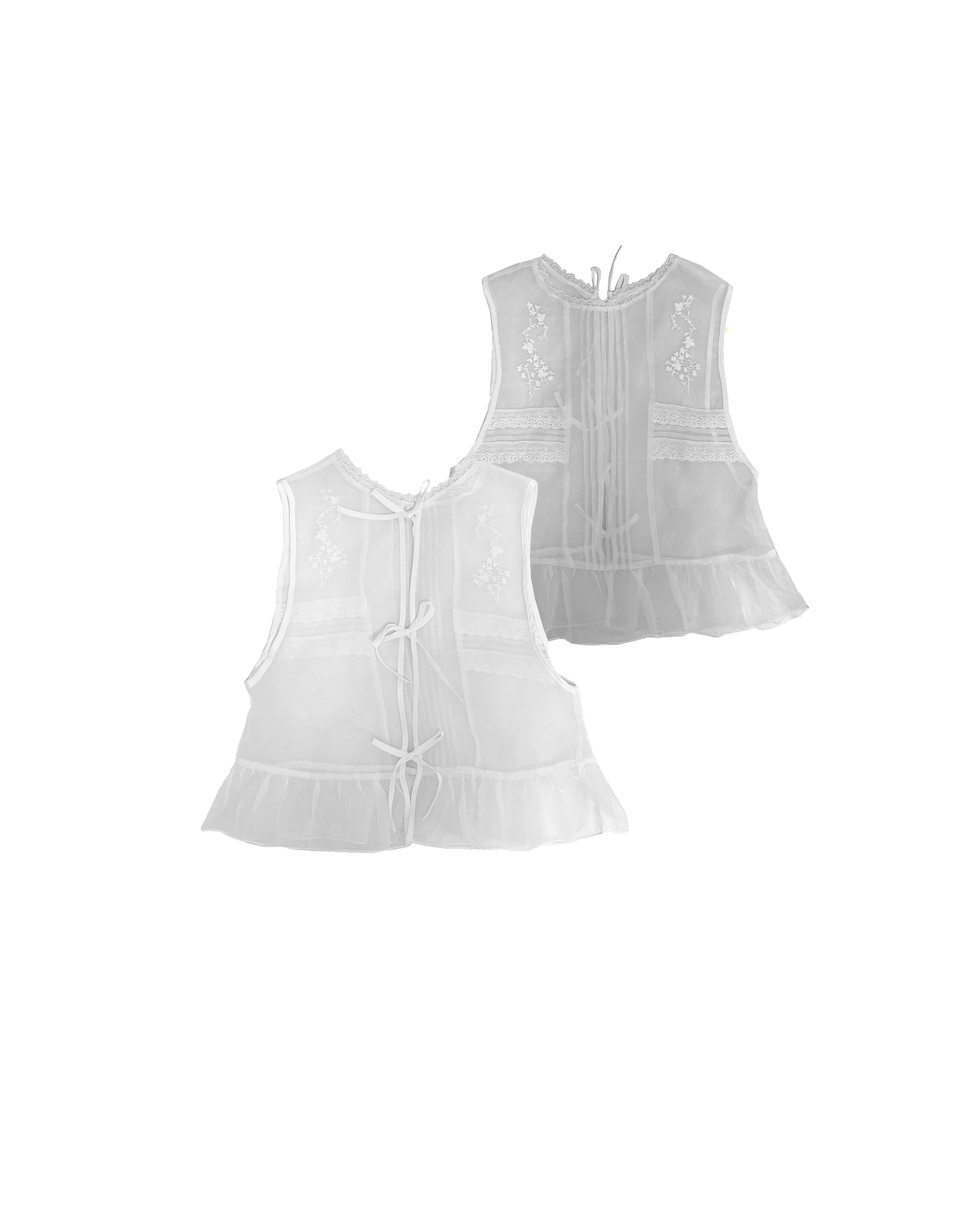 蕾絲刺繡花綁結2way傘形紗背心外搭