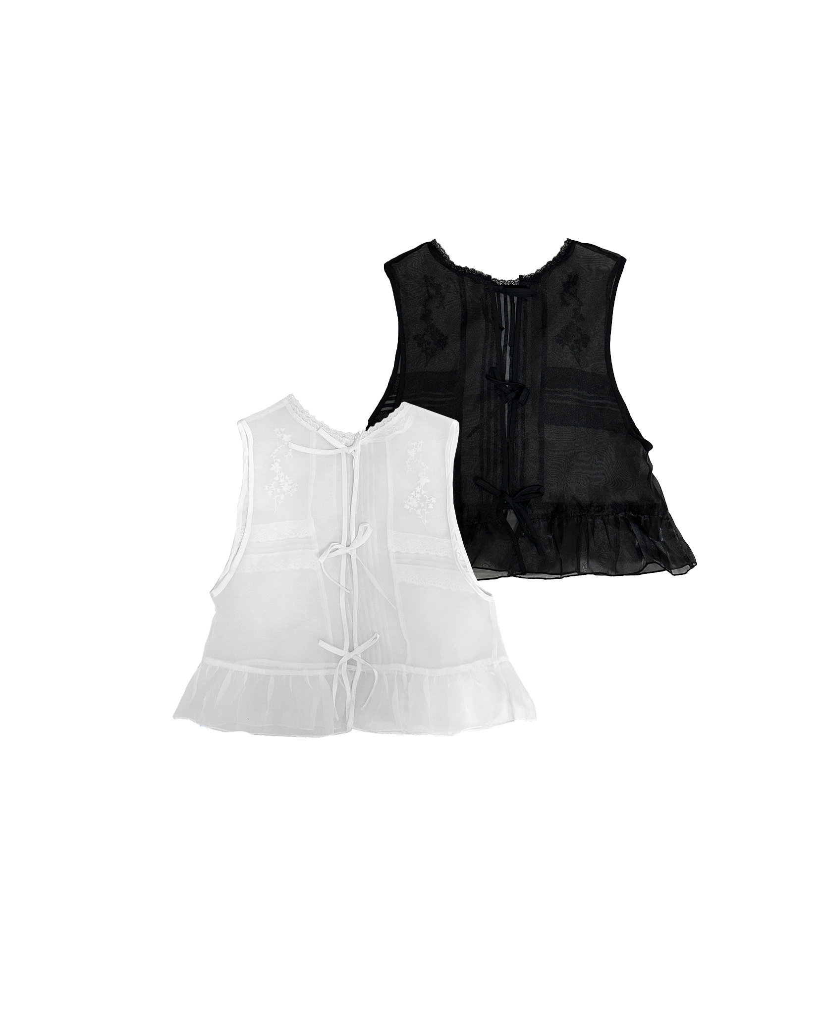 蕾絲刺繡花綁結2way傘形紗背心外搭