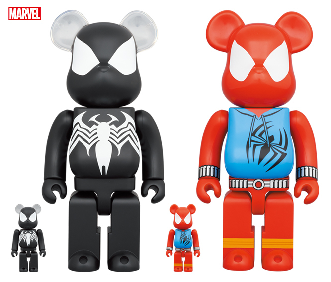 BEARBRICK SPIDER-MAN BLACK COSTUME & SCARLET SPIDER 100% & 400% SET OF 2