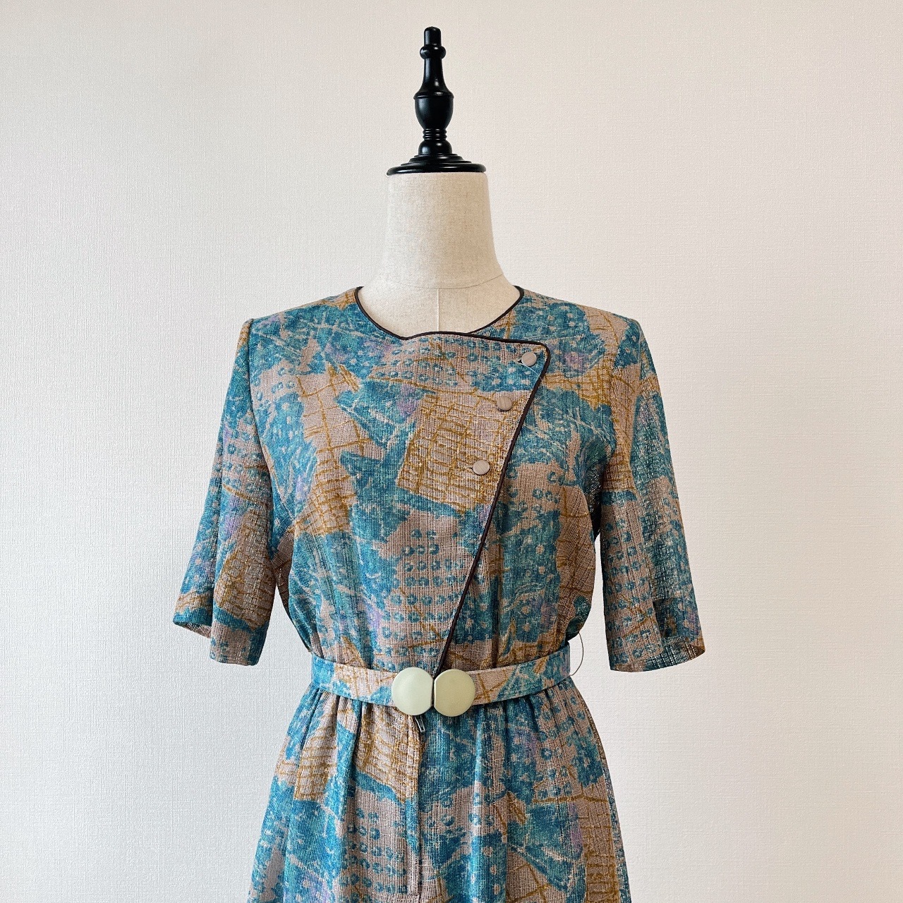 日本製湖水藍色塗鴉風古著連身裙