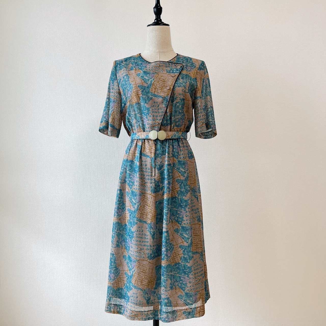 日本製湖水藍色塗鴉風古著連身裙