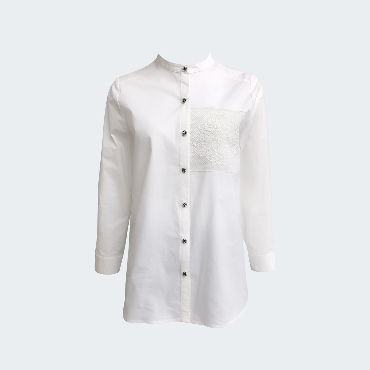 高棉彈性素材無領長袖遮臀襯衫