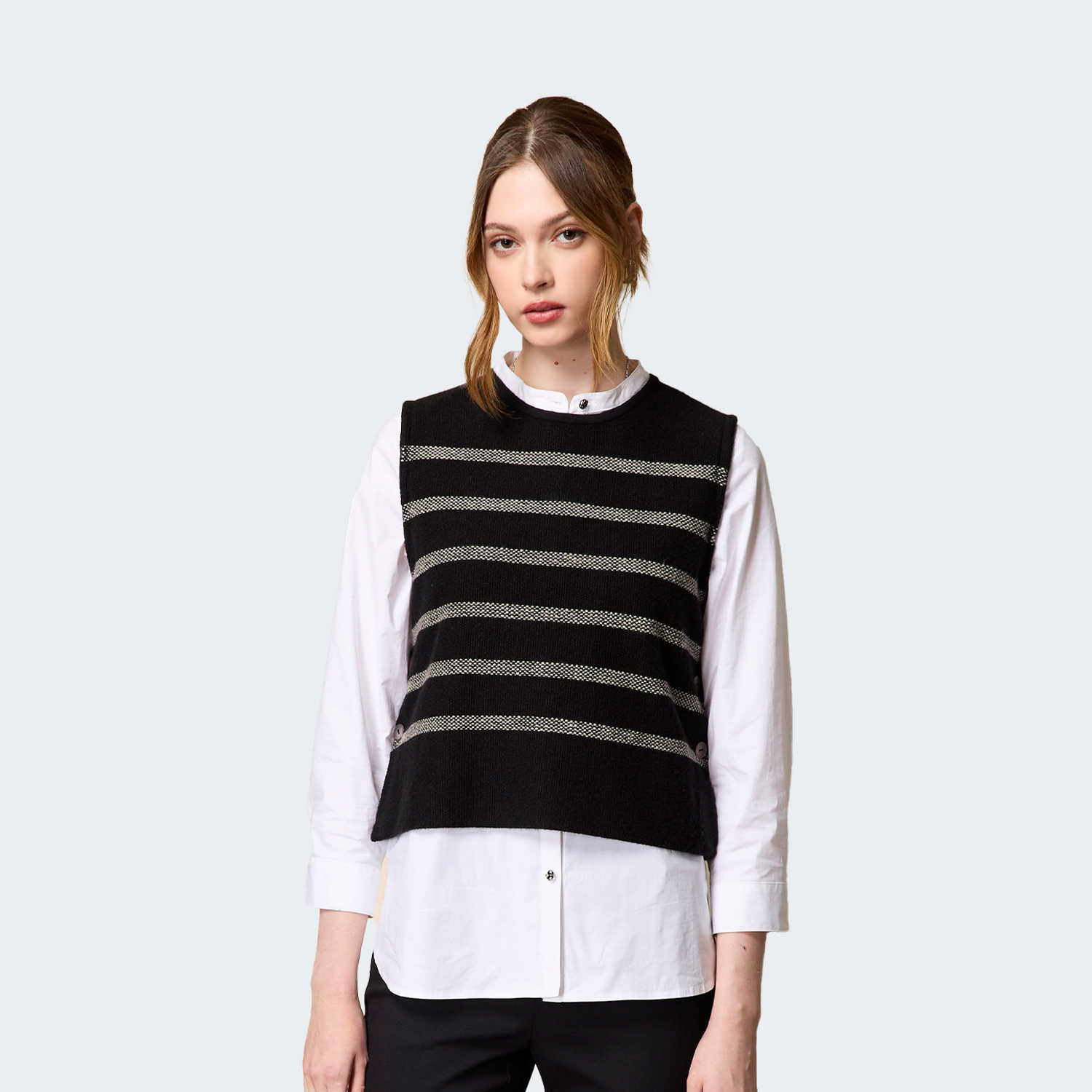 高棉彈性素材無領長袖遮臀襯衫