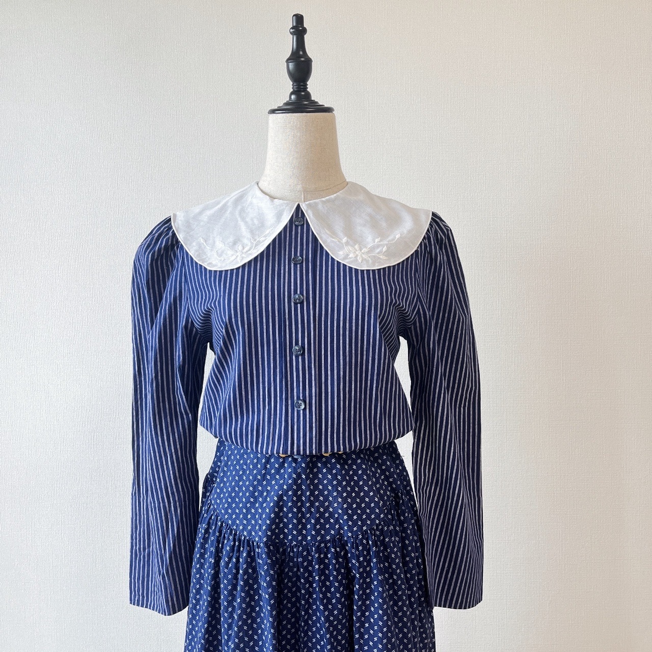 Studio E美國製深藍色刺繡領條紋古著連身裙