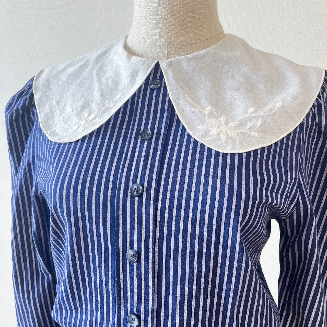 Studio E美國製深藍色刺繡領條紋古著連身裙