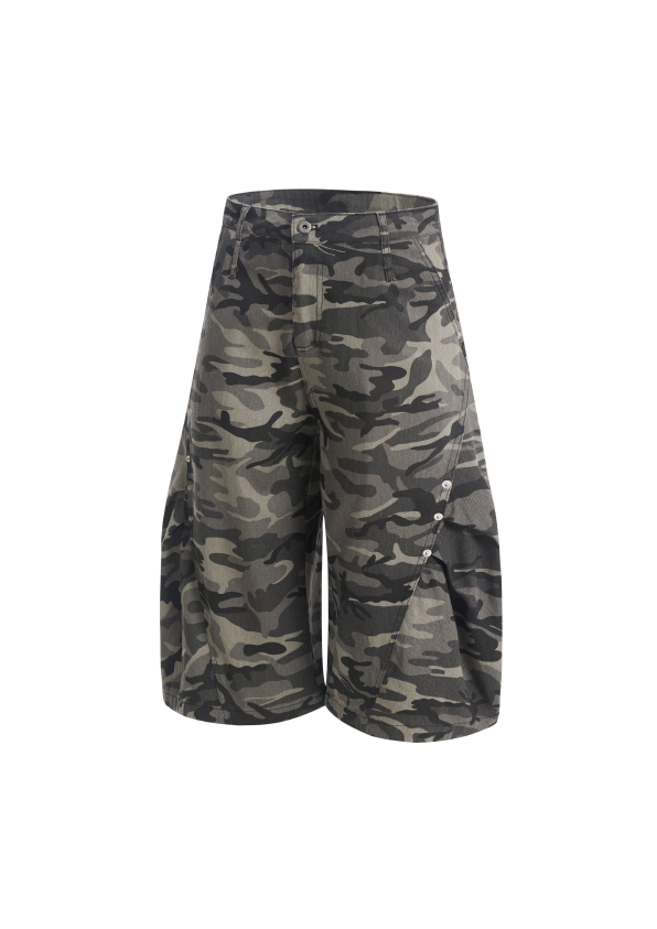 - SIMPLEACTION - 美式復古鉚釘迷彩彎刀七分褲