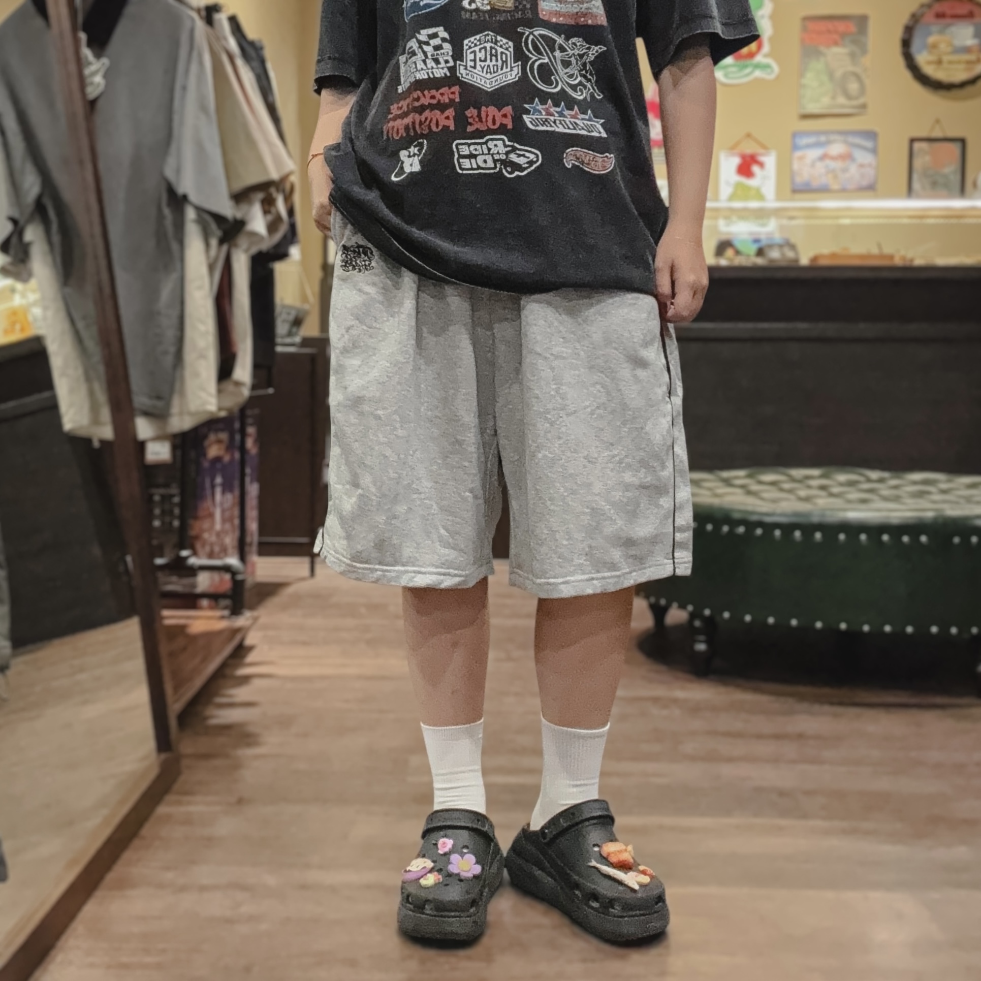 花體字刺繡棉六分褲